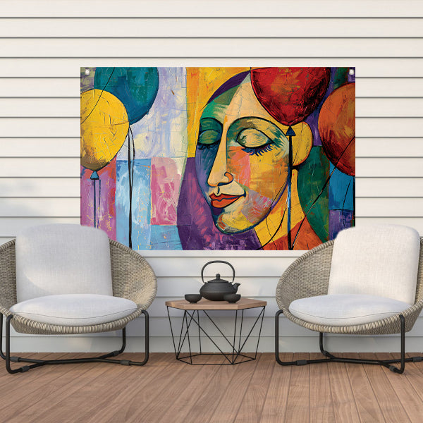 Abstract portret van vrouw met ballonnen tuinposter
