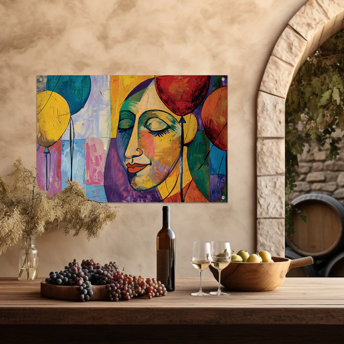 Abstract portret van vrouw met ballonnen tuinposter