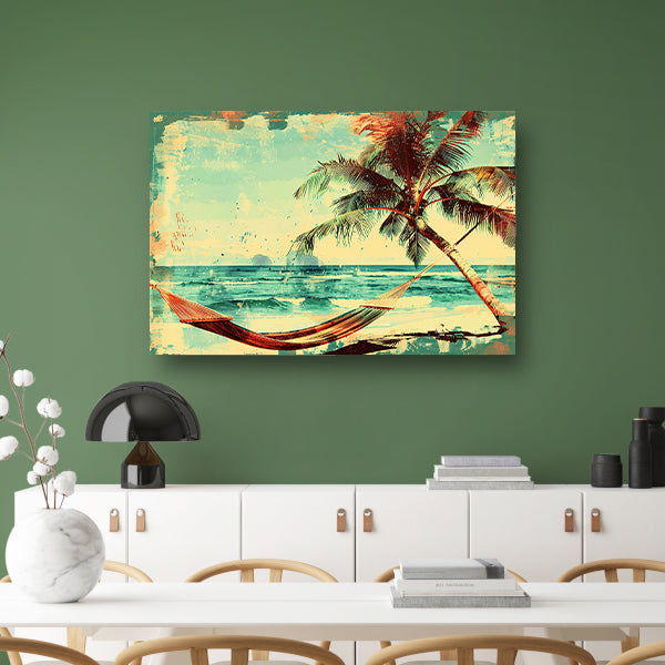 Vintage strand met tropische hangmat   poster
