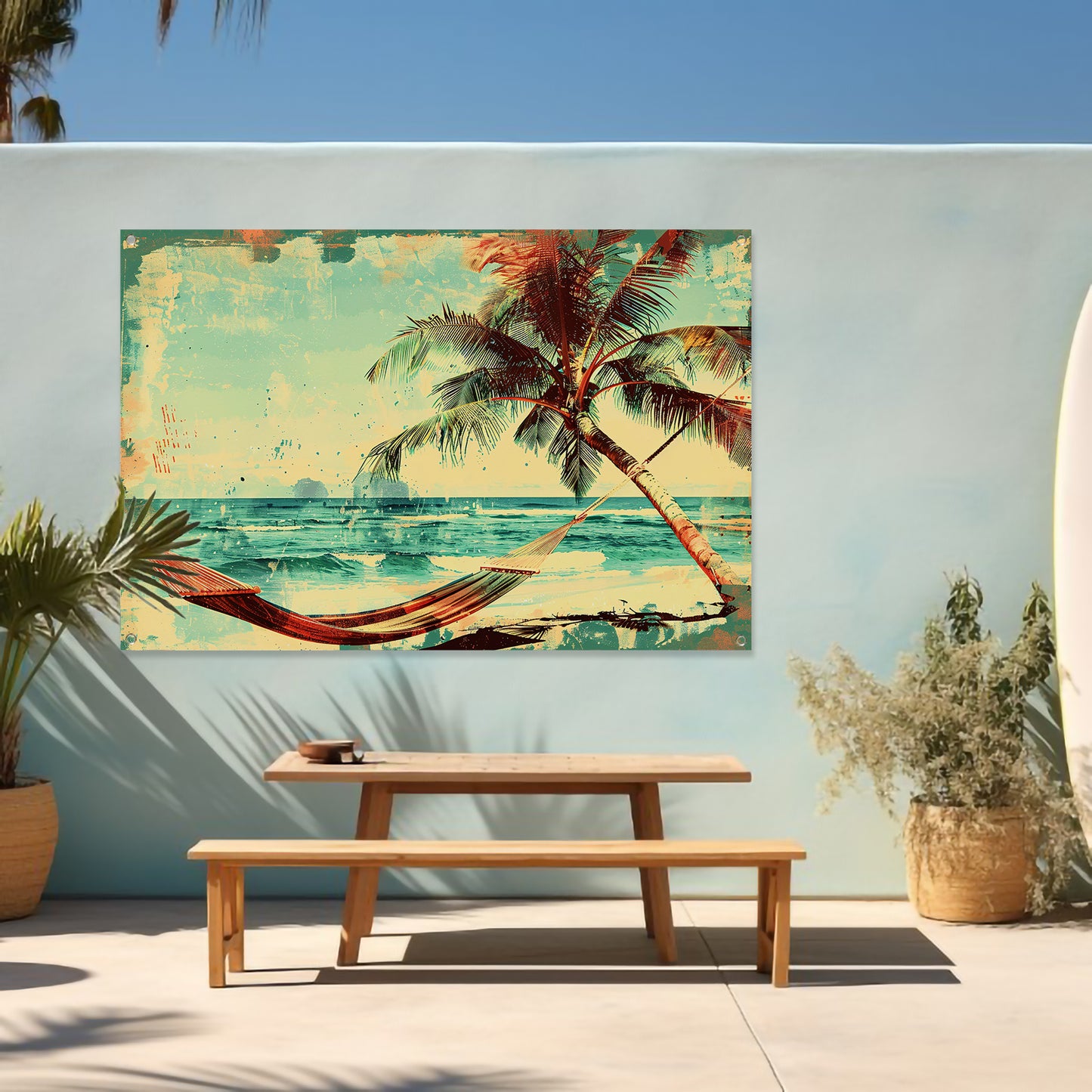 Vintage strand met tropische hangmat tuinposter
