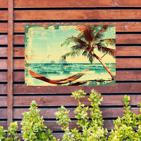 Vintage strand met tropische hangmat tuinposter