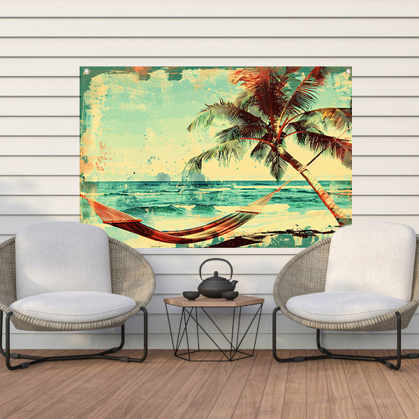 Vintage strand met tropische hangmat tuinposter