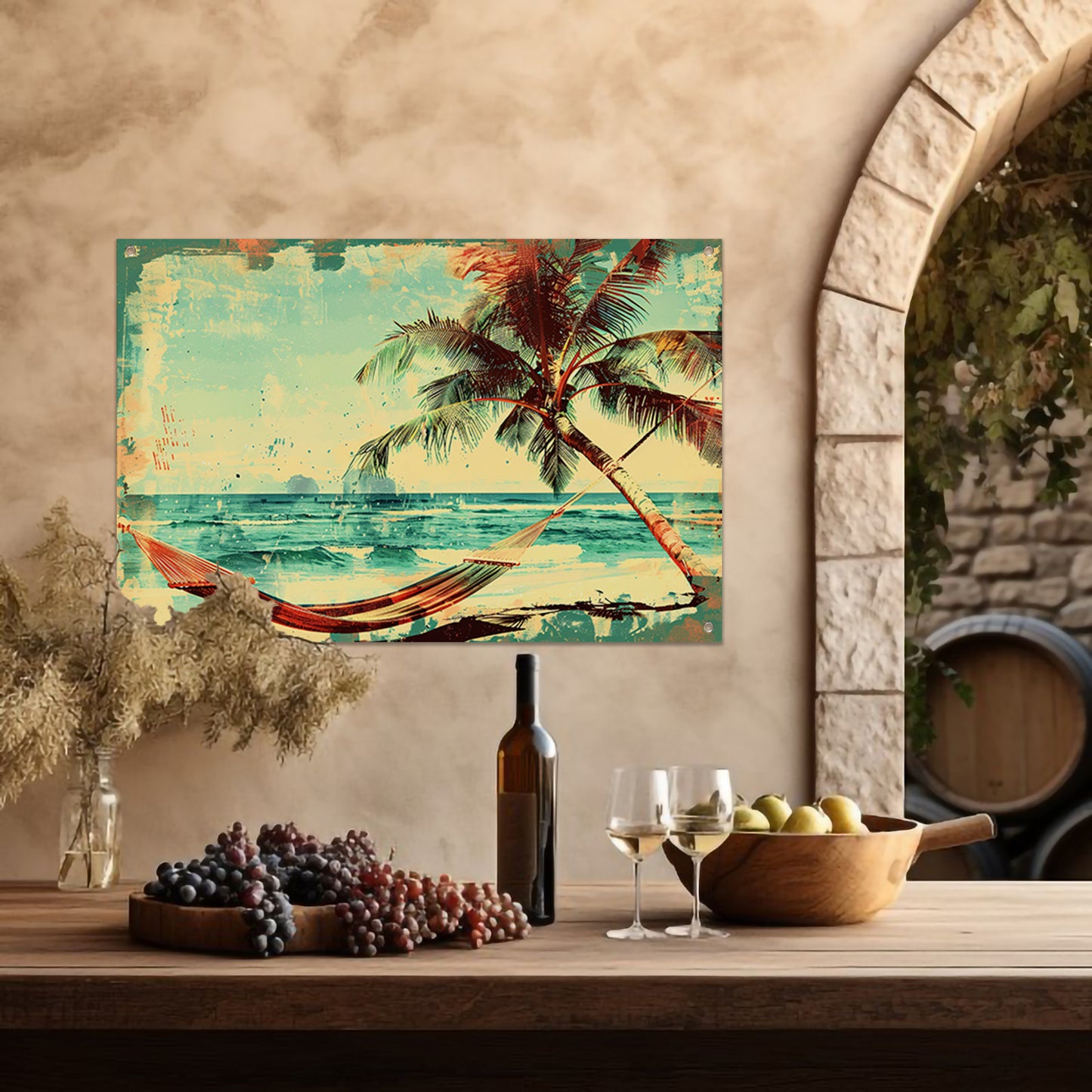 Vintage strand met tropische hangmat tuinposter