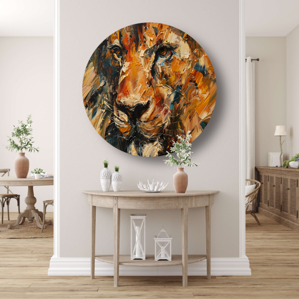 Expressieve Abstracte Leeuwenkop met Kleurrijke Streken aluminium muurcirkel