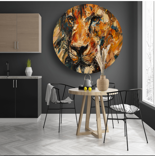 Expressieve Abstracte Leeuwenkop met Kleurrijke Streken aluminium muurcirkel