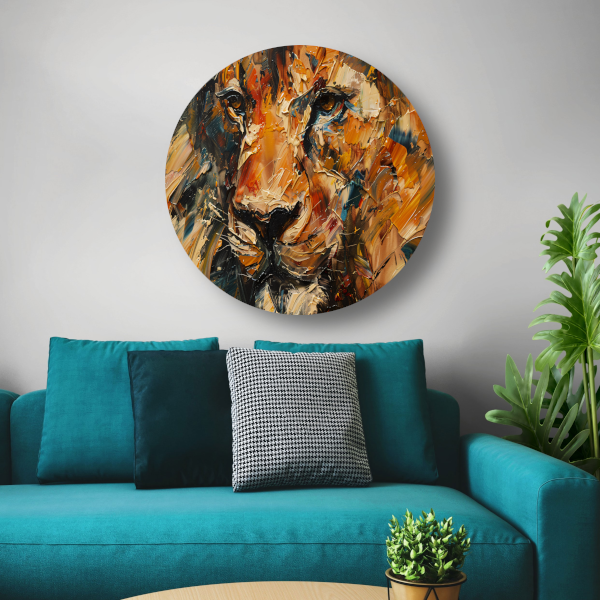 Expressieve Abstracte Leeuwenkop met Kleurrijke Streken aluminium muurcirkel
