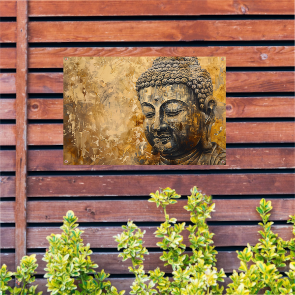 Boeddha afgebeeld in gouden en bruine tinten tuinposter