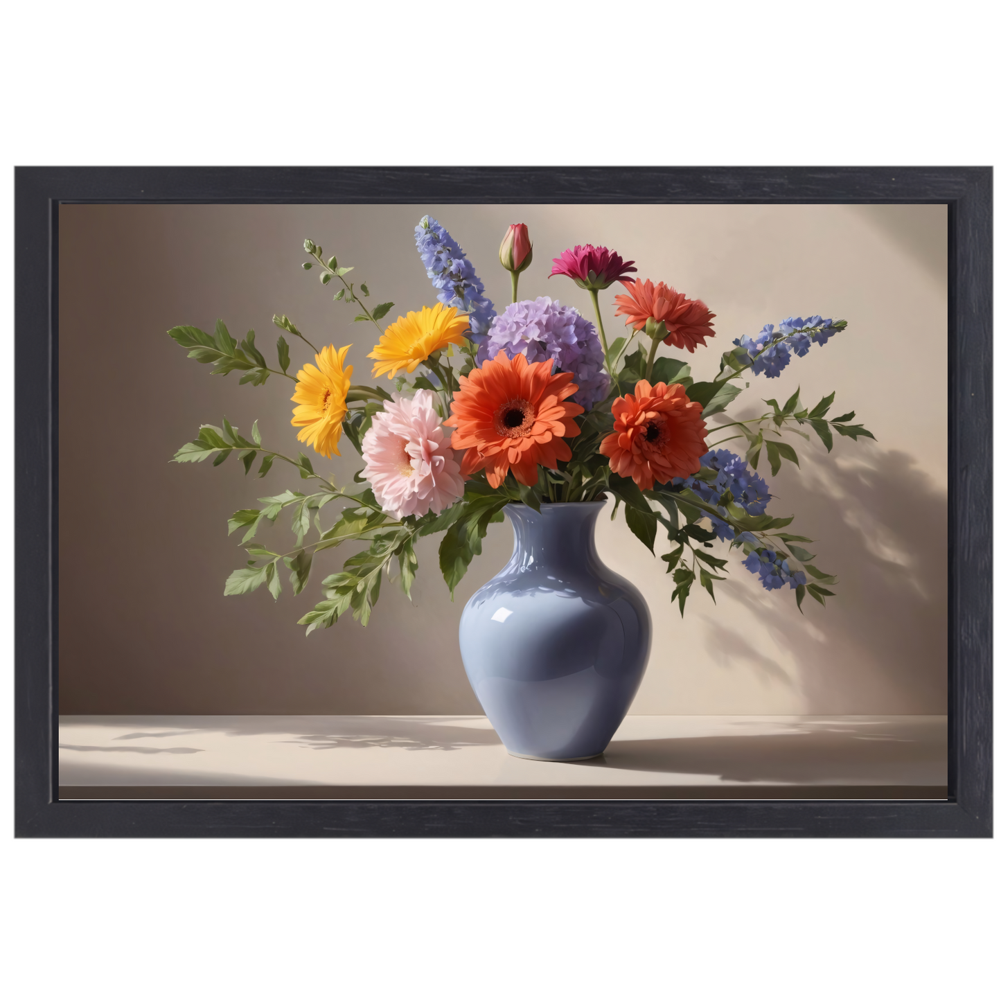 Levendig Boeket in Blauwe Vaas Stilleven canvas met baklijst