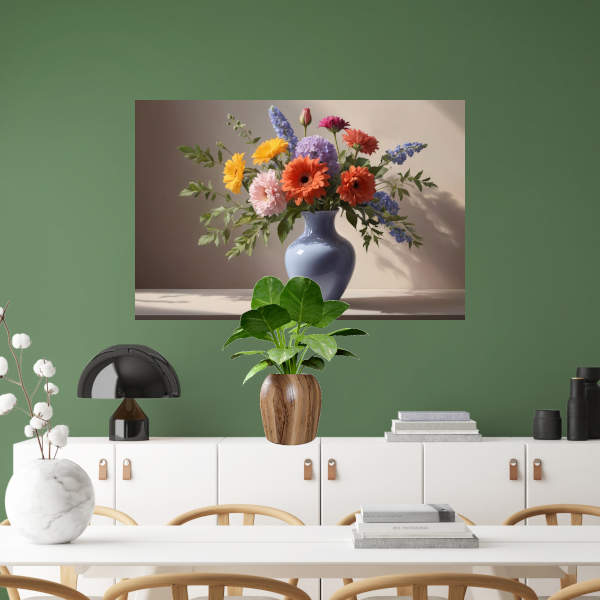 Levendig Boeket in Blauwe Vaas Stilleven canvas met baklijst
