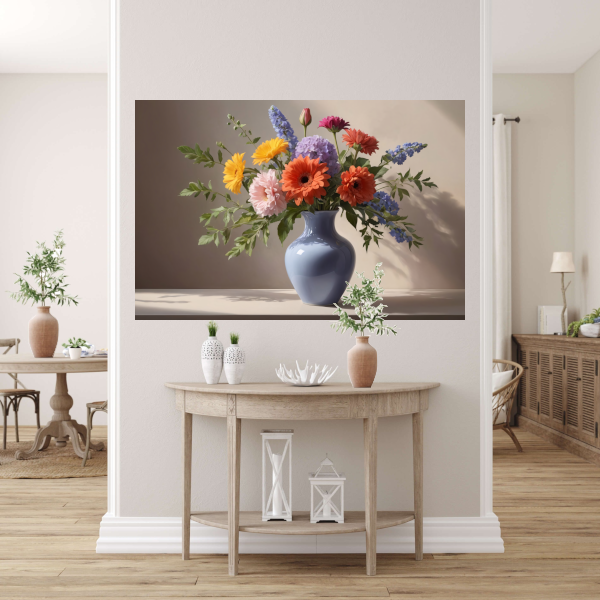 Levendig Boeket in Blauwe Vaas Stilleven poster