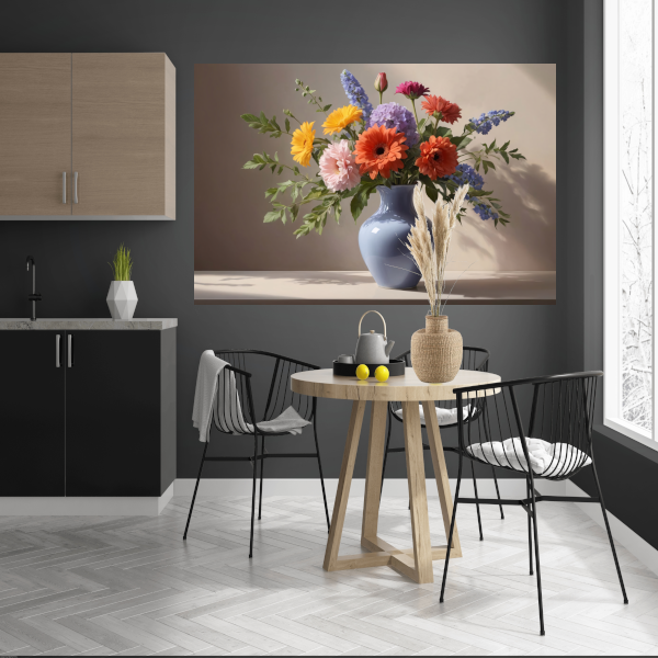 Levendig Boeket in Blauwe Vaas Stilleven canvas met baklijst