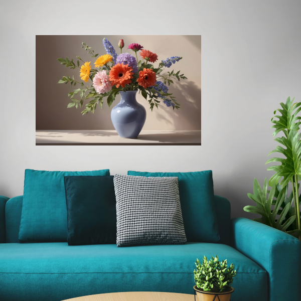Levendig Boeket in Blauwe Vaas Stilleven poster