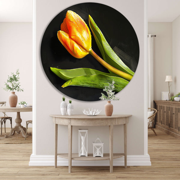 Gele tulp met waterdruppels op zwart forex muurcirkel