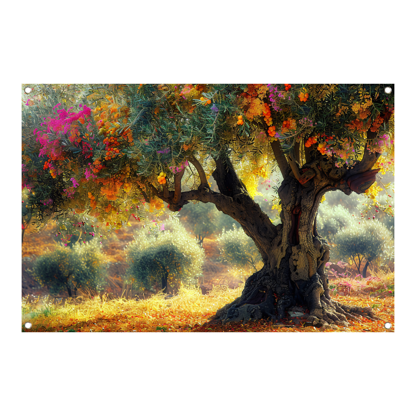 Bloeiende fruitboom in voorjaarstuin tuinposter
