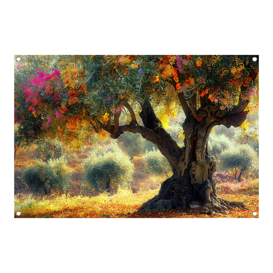 Bloeiende fruitboom in voorjaarstuin tuinposter