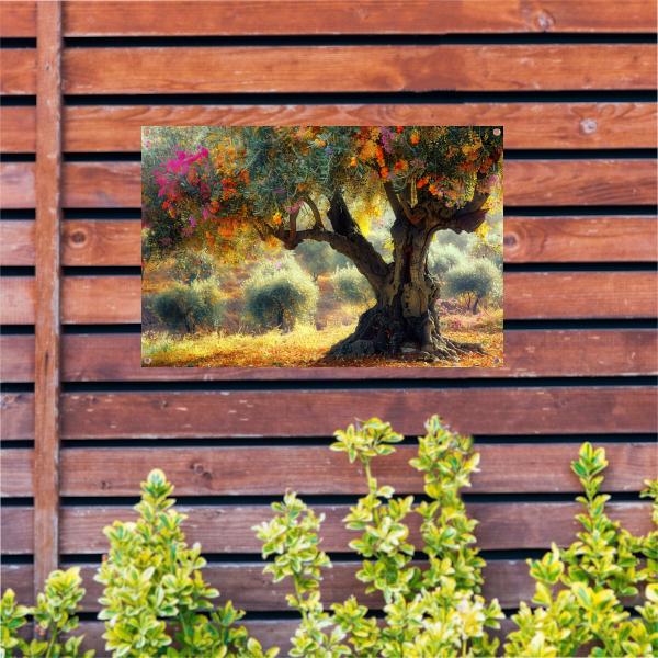 Bloeiende fruitboom in voorjaarstuin tuinposter