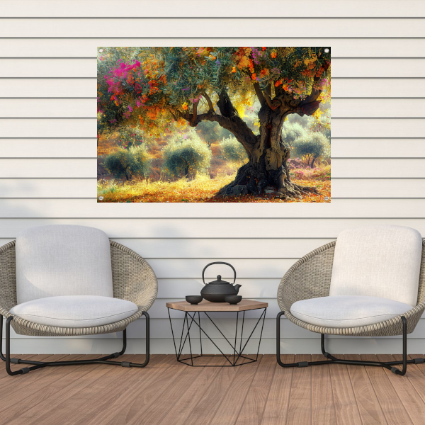 Bloeiende fruitboom in voorjaarstuin tuinposter