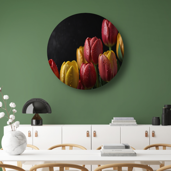 Levendige tulpen met ochtenddauw op zwarte achtergrond aluminium muurcirkel