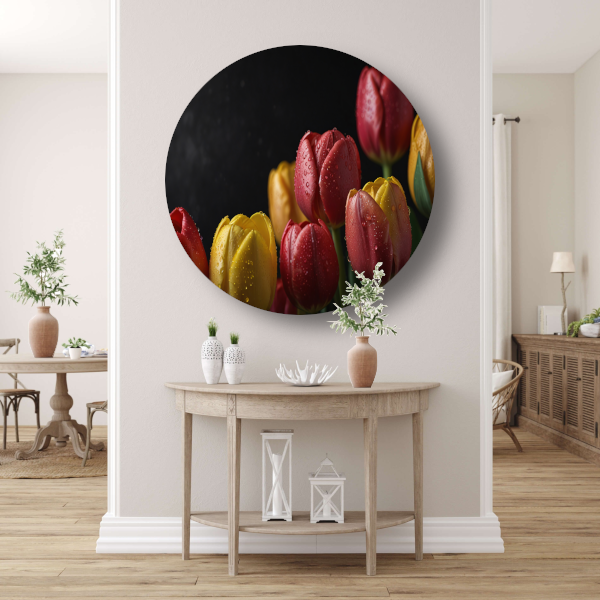 Levendige tulpen met ochtenddauw op zwarte achtergrond aluminium muurcirkel