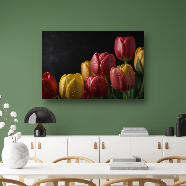 Levendige tulpen met ochtenddauw op zwarte achtergrond poster