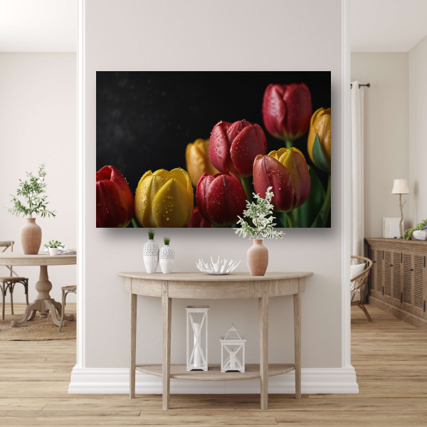 Levendige tulpen met ochtenddauw op zwarte achtergrond poster