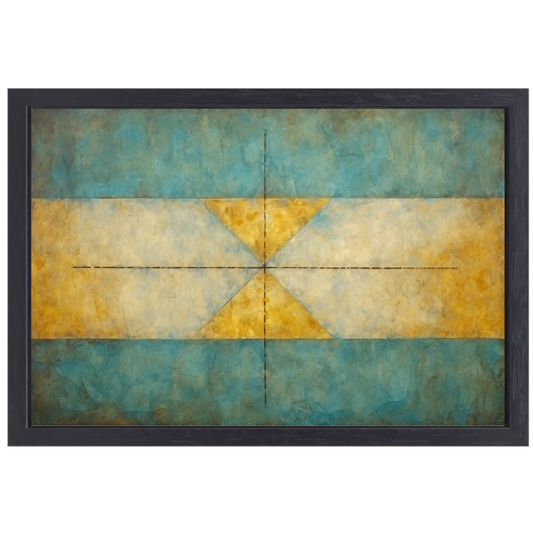 Geometrische compositie in geel, blauw en wit canvas met baklijst