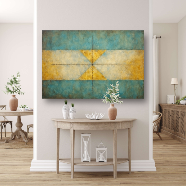 Geometrische compositie in geel, blauw en wit acrylglas