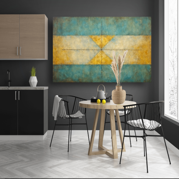 Geometrische compositie in geel, blauw en wit acrylglas