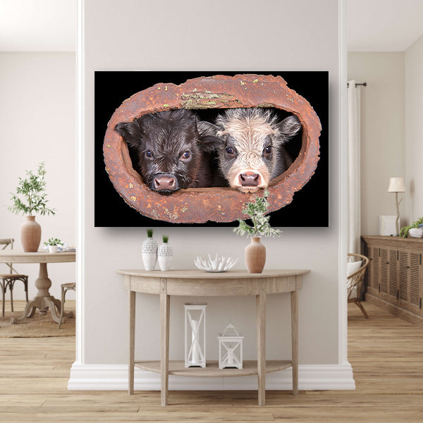 Twee kalfjes in een roestig raam acrylglas