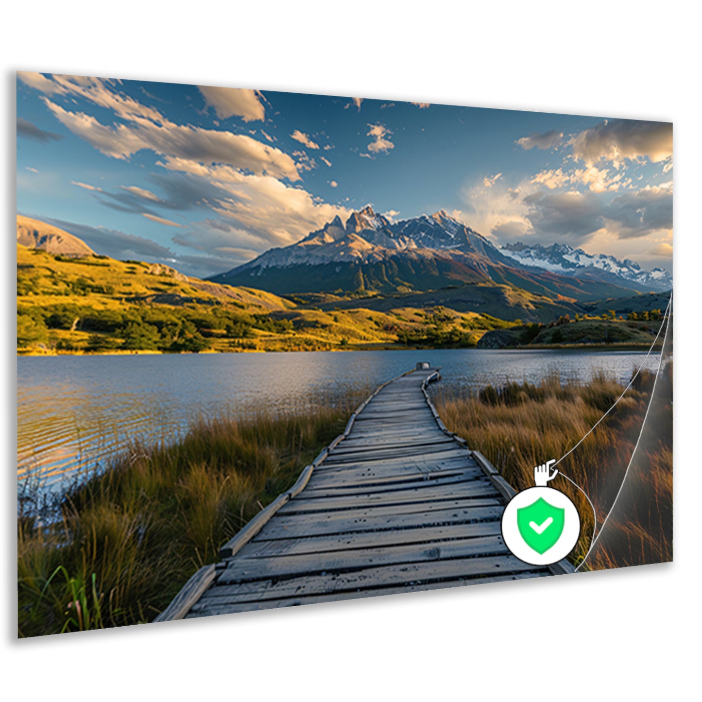Houten pad naar bergen in schitterend landschap poster
