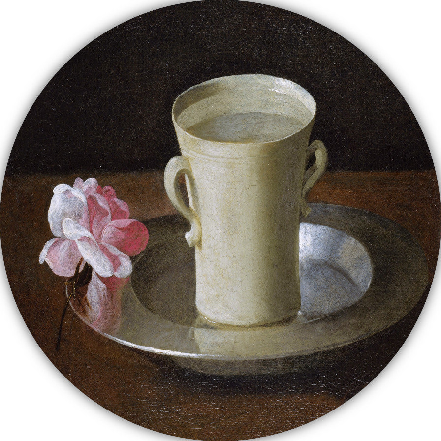 Kopje water en een roos op een zilveren bord - Francisco de Zurbarán aluminium muurcirkel