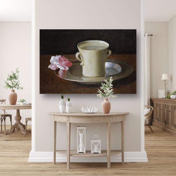 Kopje water en een roos op een zilveren bord - Francisco de Zurbarán poster