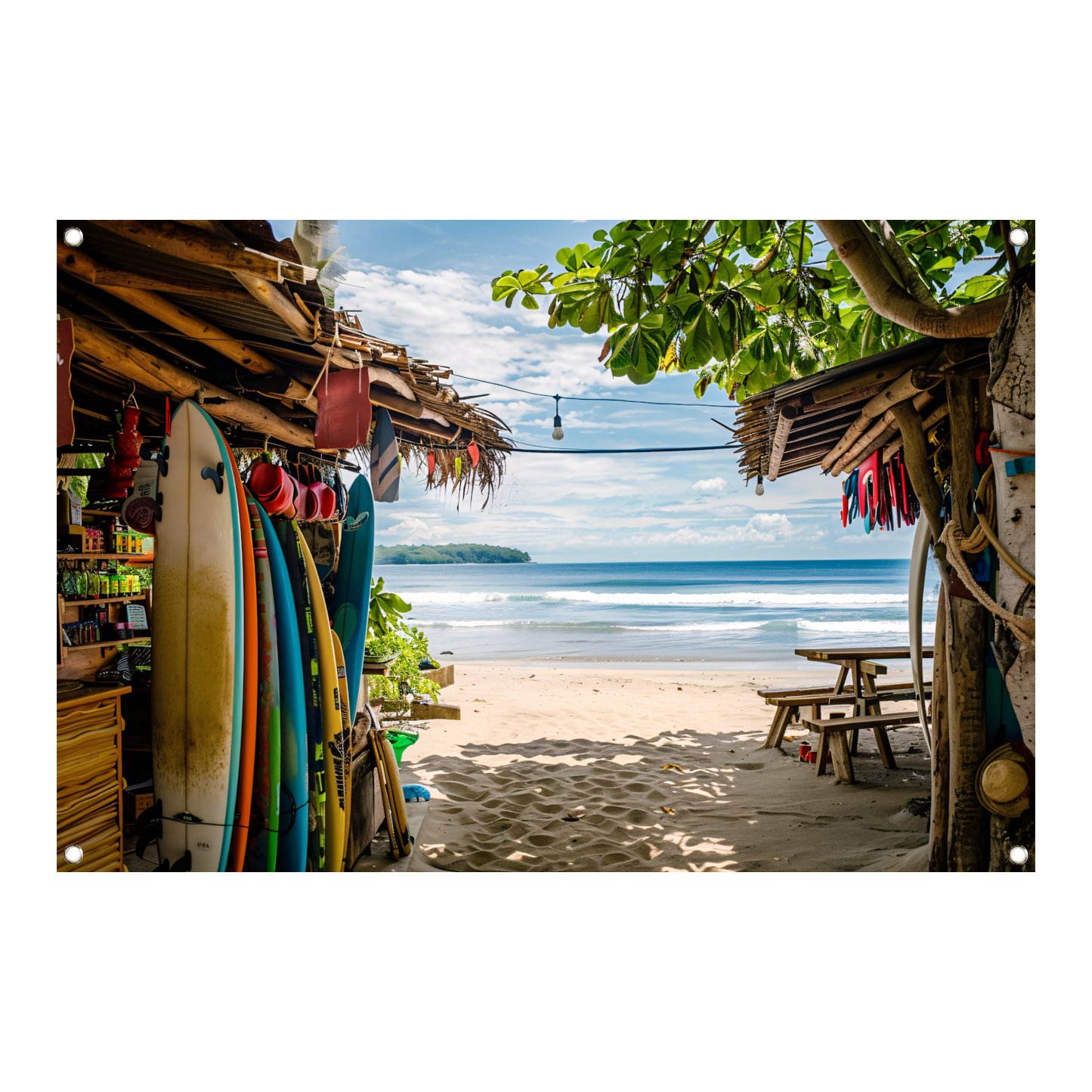Tropisch Strand met Surfshop en Golven tuinposter