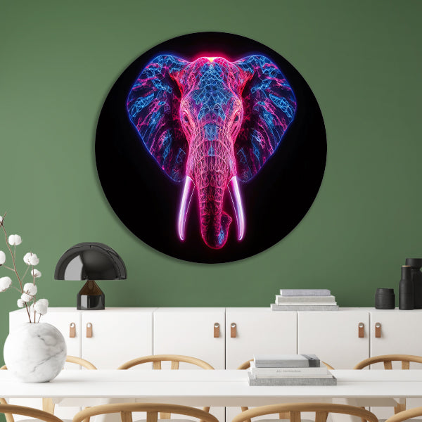 Neon olifant in futuristische abstracte kunst aluminium muurcirkel