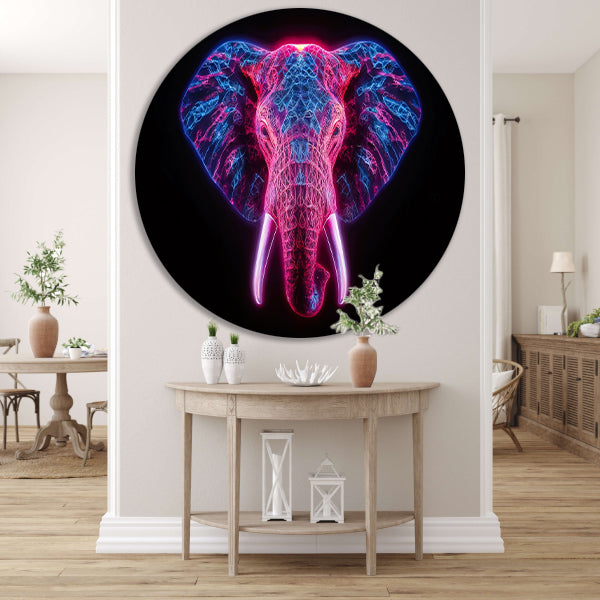 Neon olifant in futuristische abstracte kunst aluminium muurcirkel