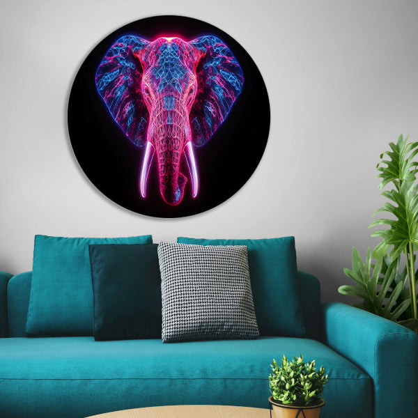 Neon olifant in futuristische abstracte kunst aluminium muurcirkel