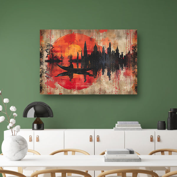 Roeiboot onder Rode Zonsondergang bij Stad acrylglas