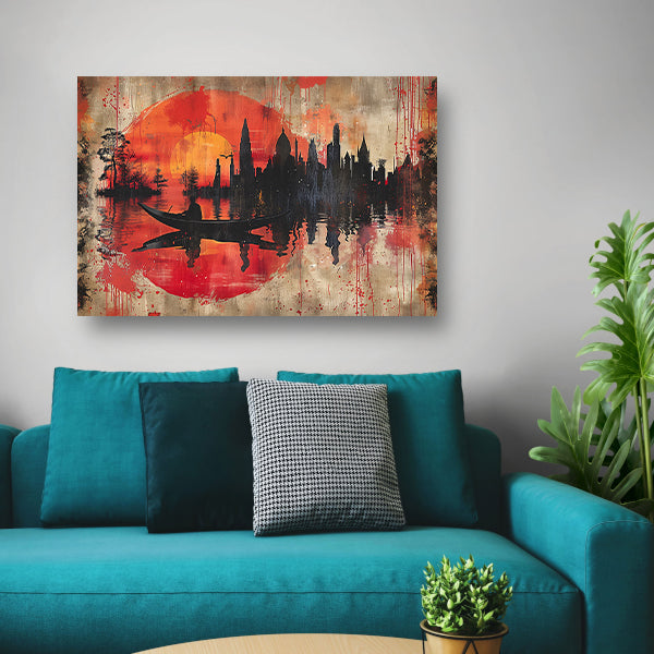 Roeiboot onder Rode Zonsondergang bij Stad acrylglas