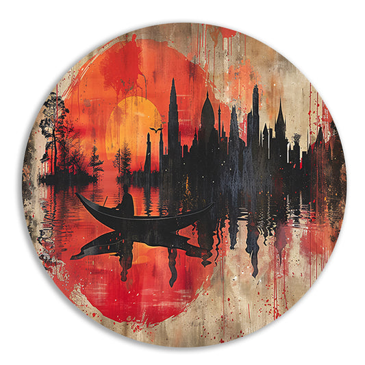 Roeiboot onder Rode Zonsondergang bij Stad aluminium muurcirkel