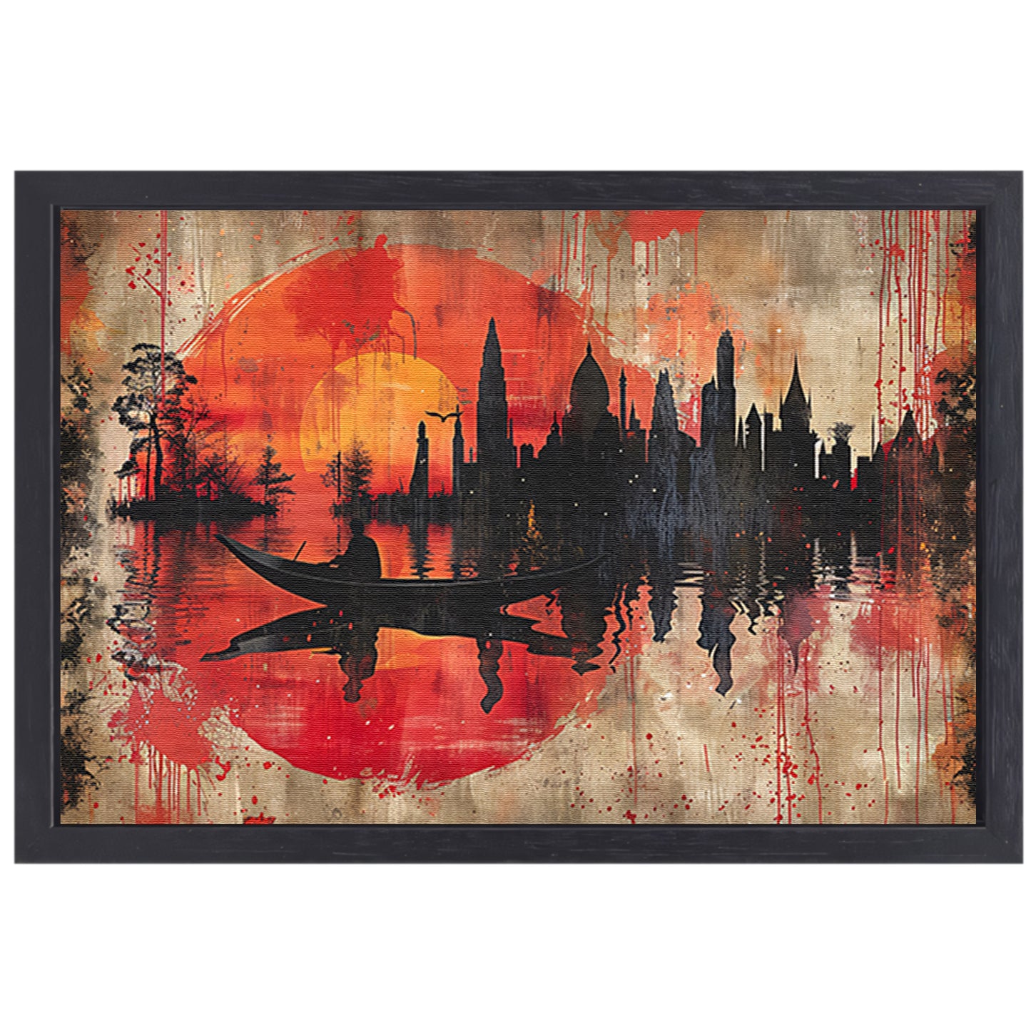 Roeiboot onder Rode Zonsondergang bij Stad canvas met baklijst
