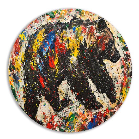 Kleurrijk modern schilderij van een beer aluminium muurcirkel
