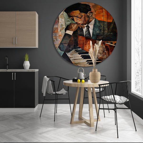 Kubistische piano en portret van muzikant aluminium muurcirkel