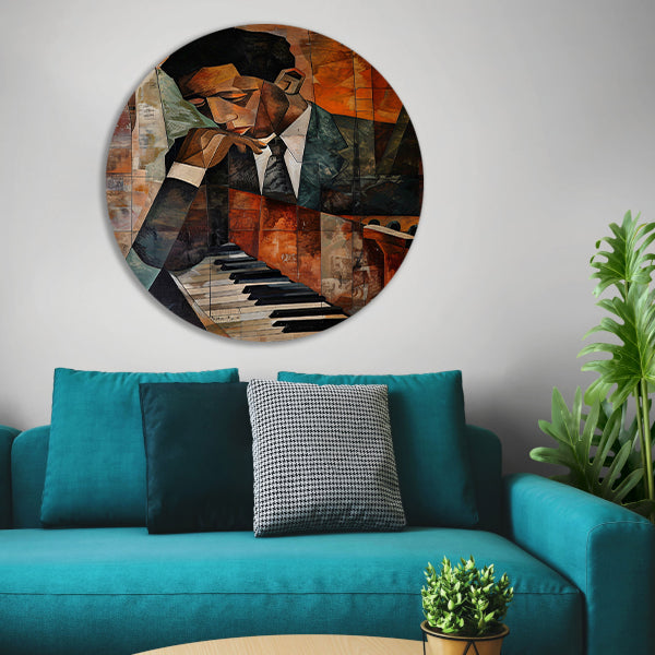 Kubistische piano en portret van muzikant aluminium muurcirkel