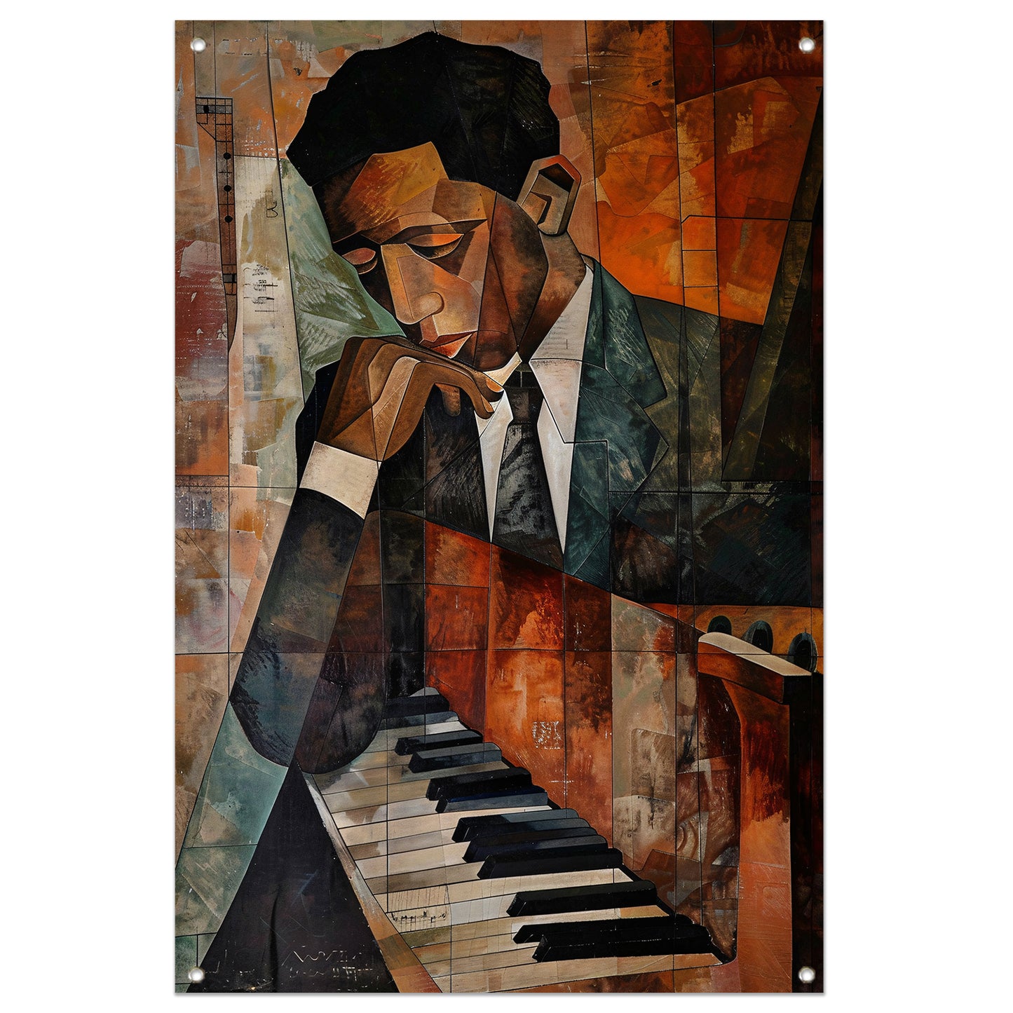 Kubistische piano en portret van muzikant tuinposter