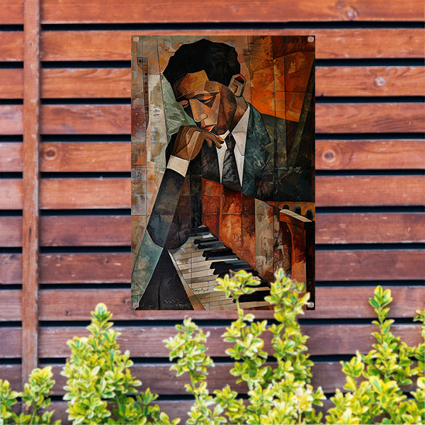 Kubistische piano en portret van muzikant tuinposter