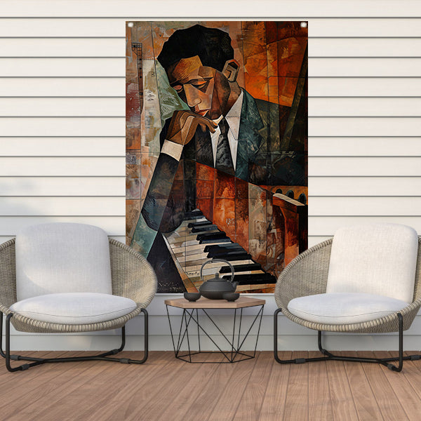 Kubistische piano en portret van muzikant tuinposter