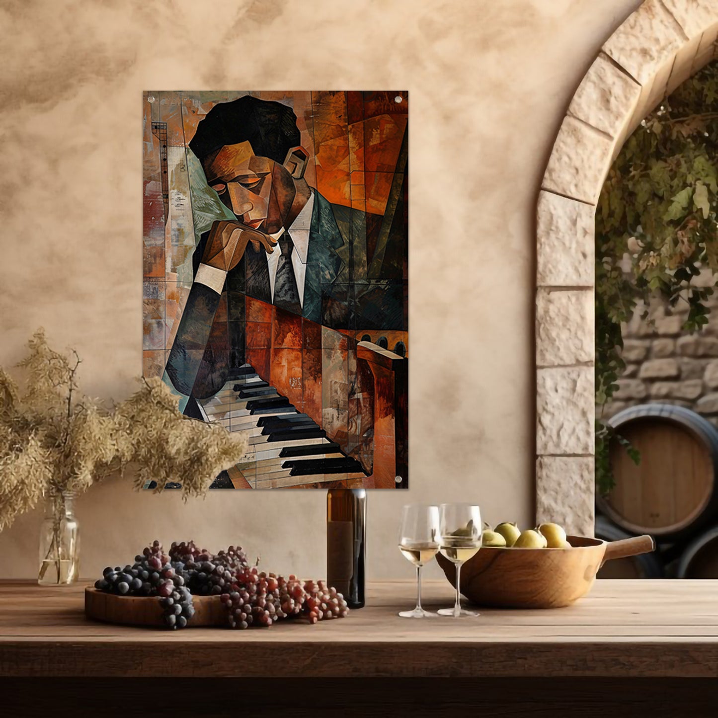 Kubistische piano en portret van muzikant tuinposter