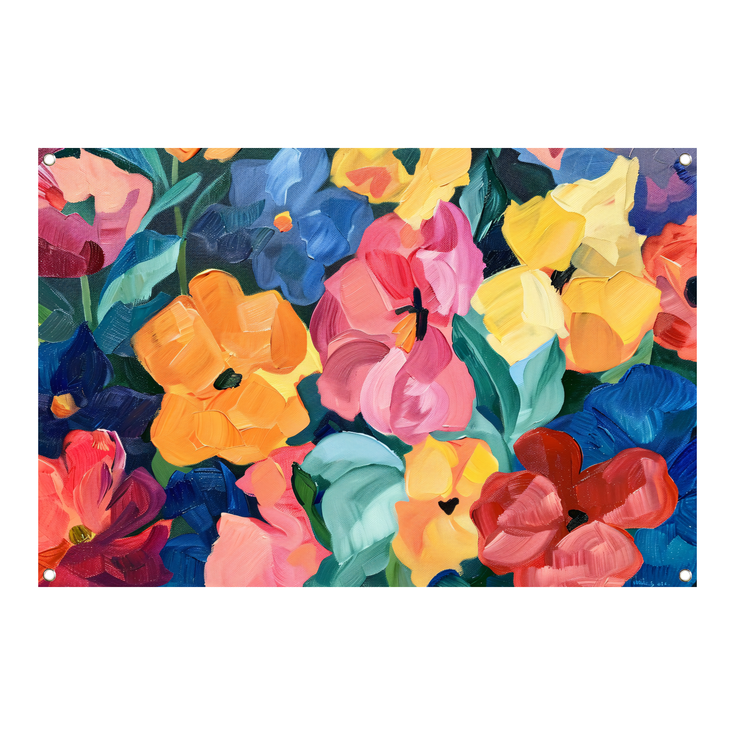 Abstracte explosie van kleurrijke bloemen en bladeren tuinposter