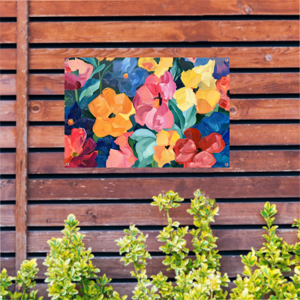 Abstracte explosie van kleurrijke bloemen en bladeren tuinposter