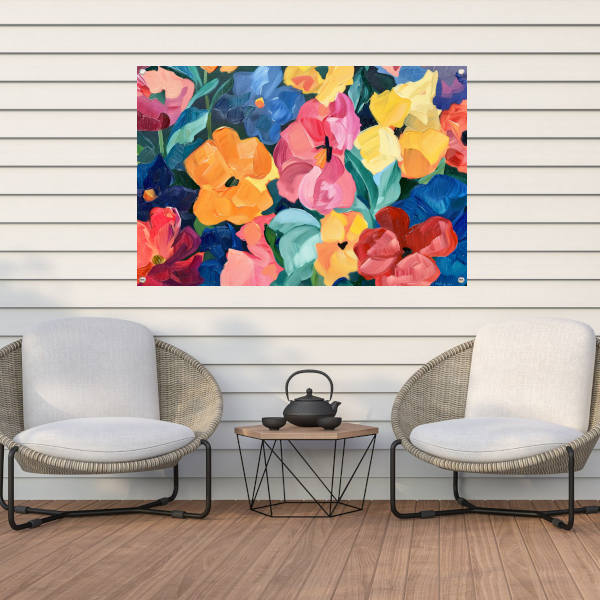 Abstracte explosie van kleurrijke bloemen en bladeren tuinposter